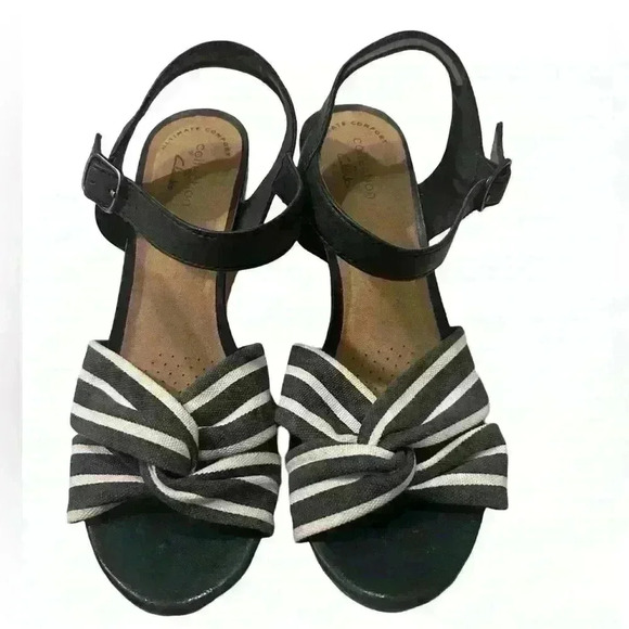 Clark’s Margee Beth Navy Striped Sandals Wedge Heels Rope Size 7.5 used like new - Picture 3 of 6